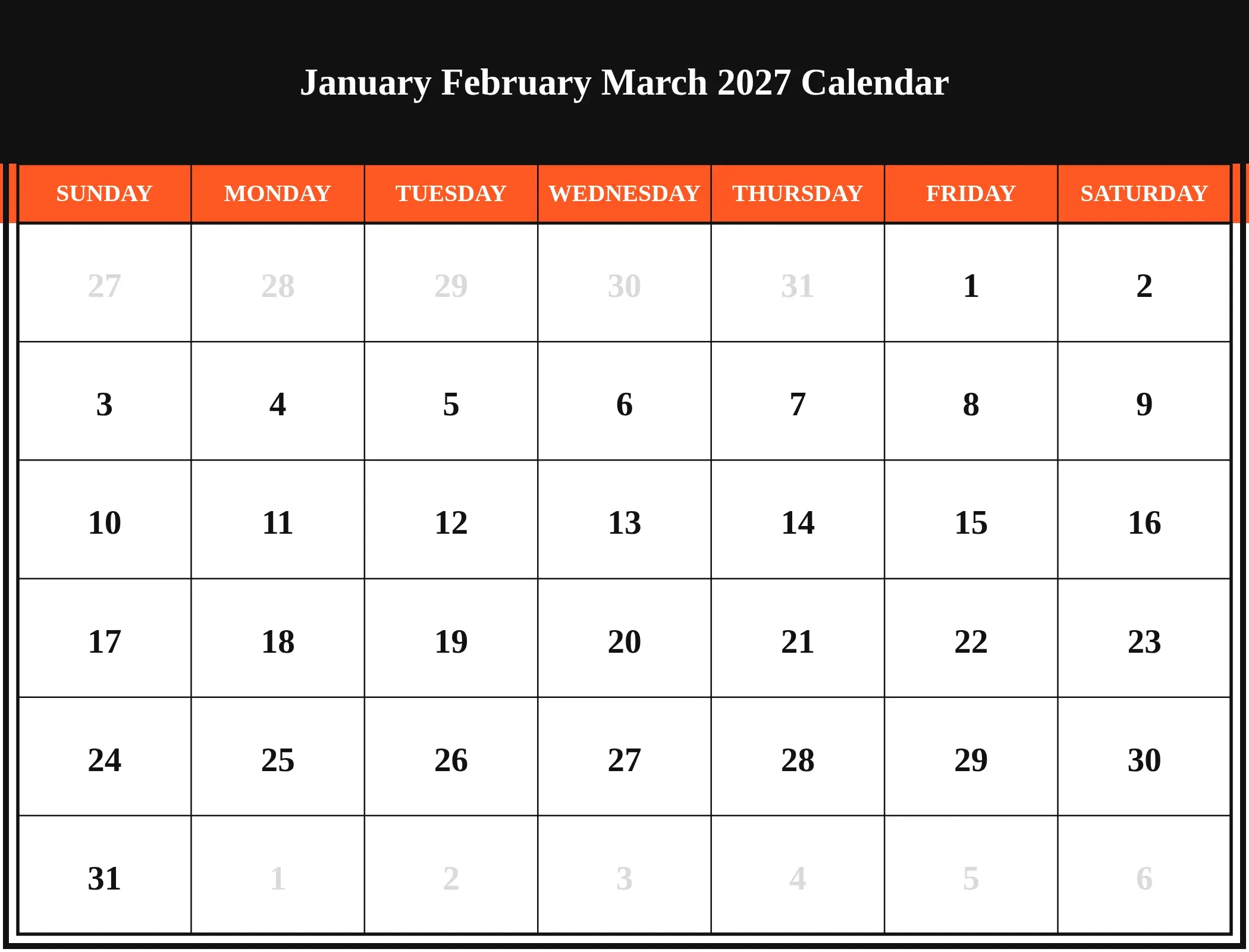 January February March 2027 Calendar Download Landscape