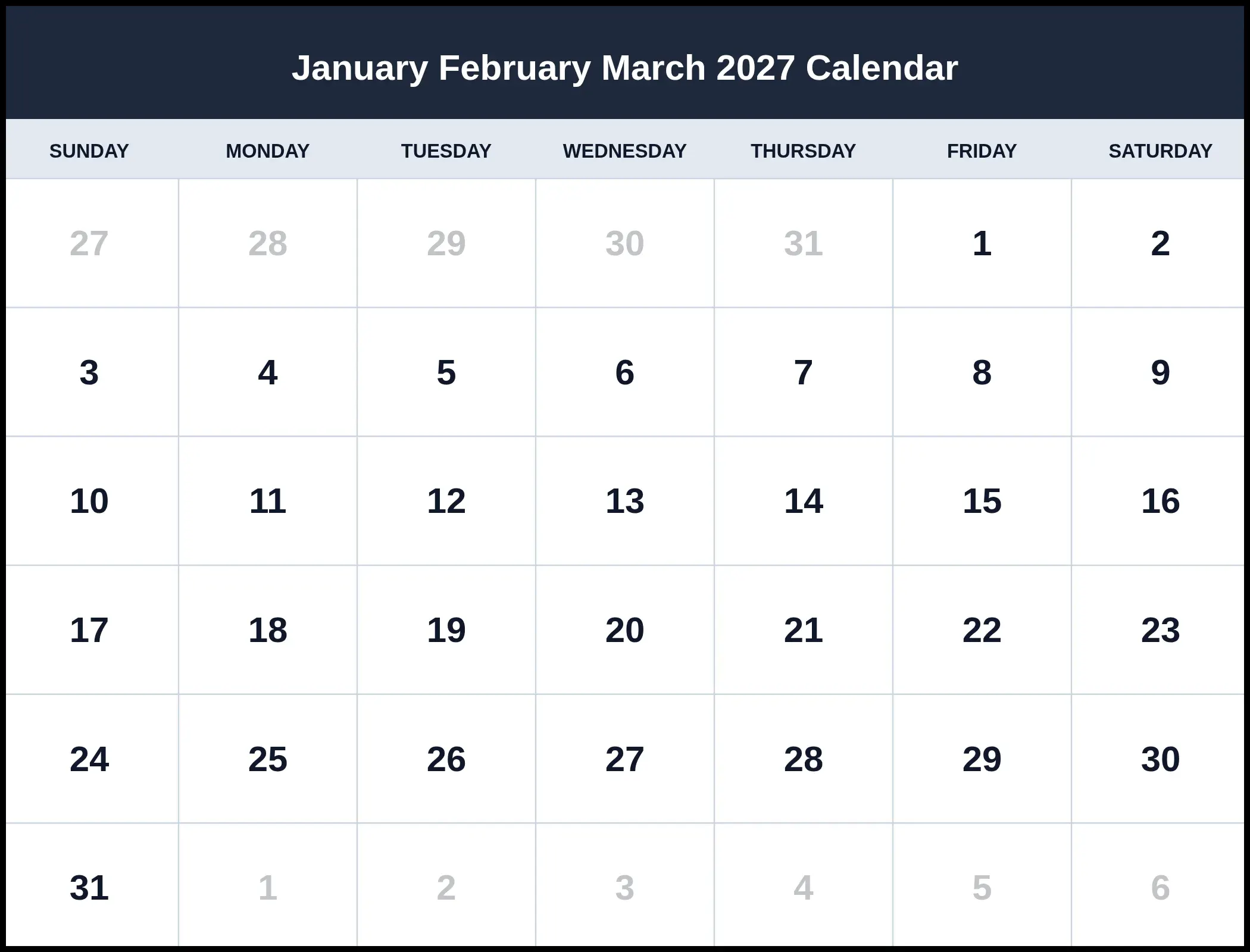 January February March 2027 Calendar Pdf