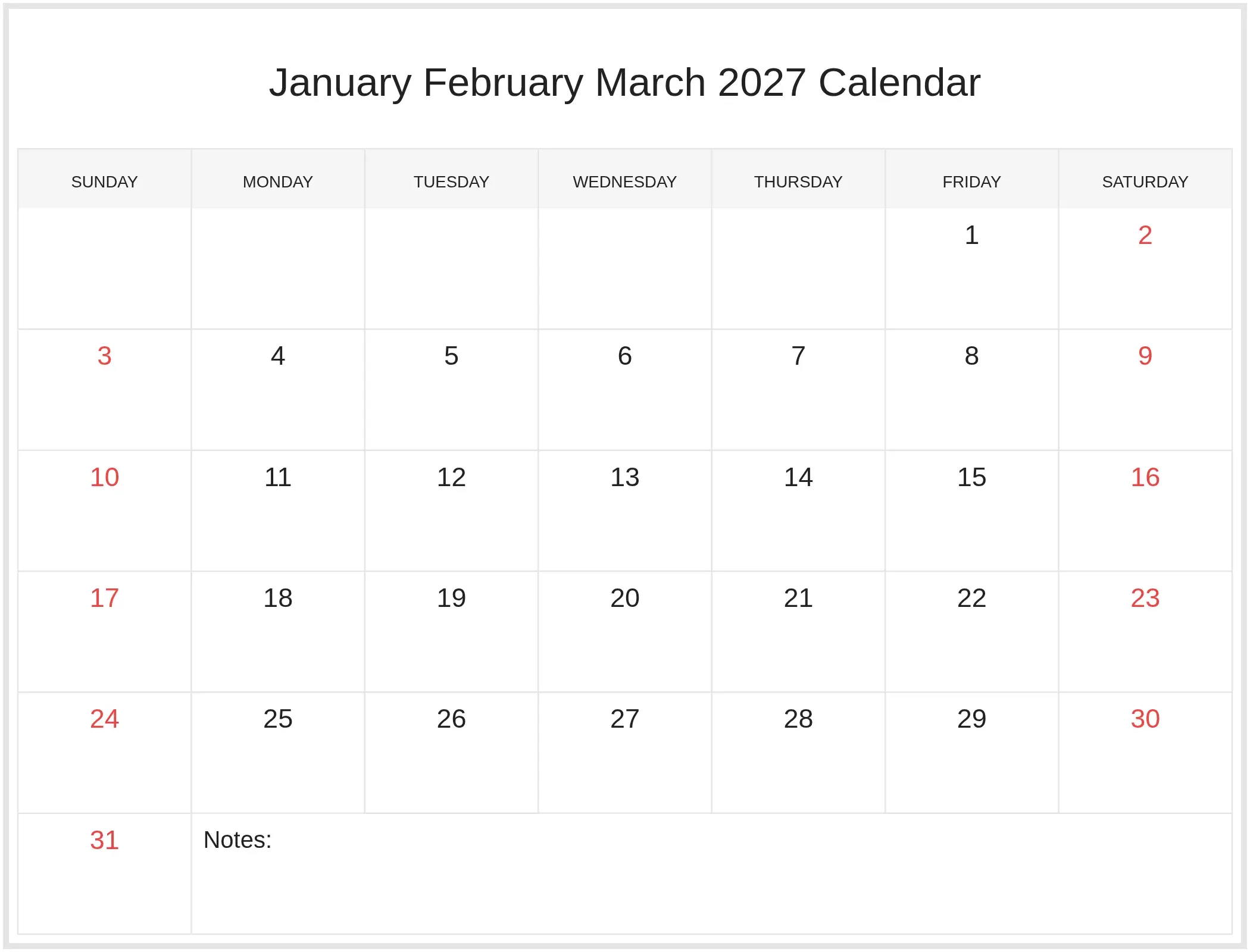 January February March 2027 Calendar with Notes Bottom Landscape