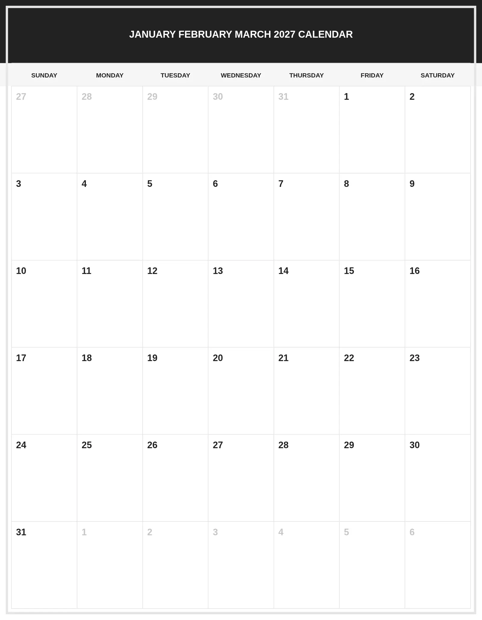 January February March 2027 Calendar With Portrait Template January February March 2027 Calendar With Portrait Template