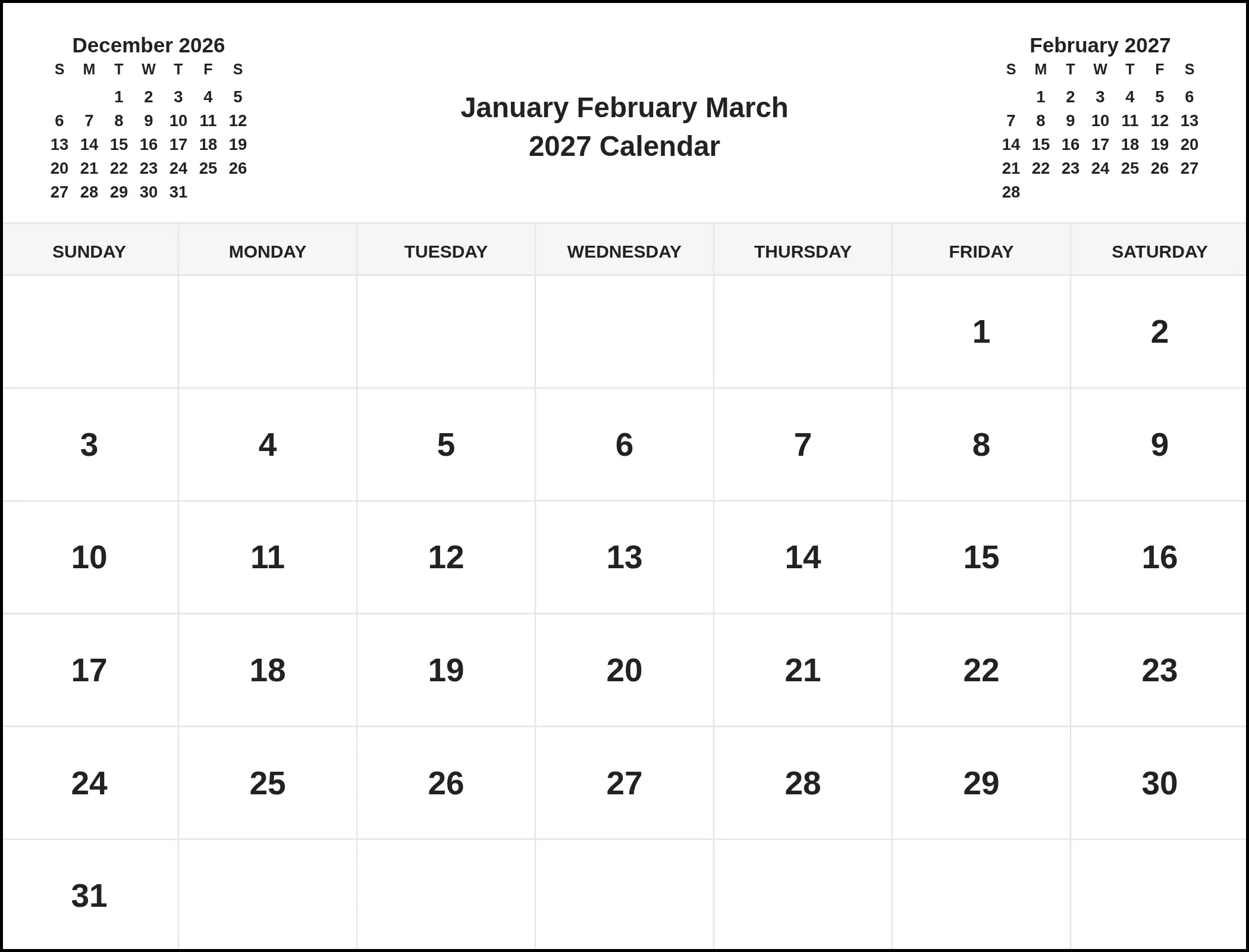 January February March 2027 Calendar With Three Month View January February March 2027 Calendar With Three Month View