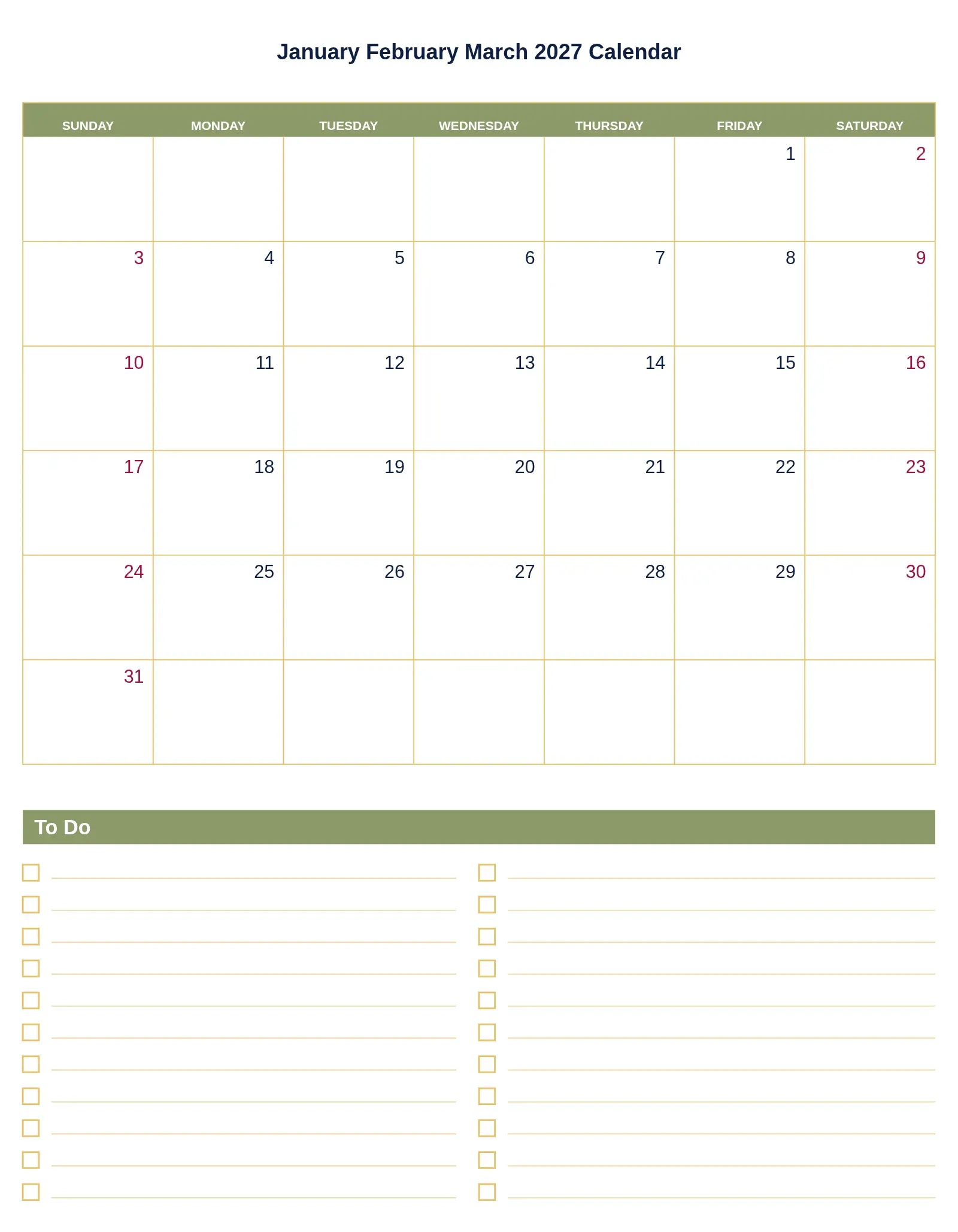 January February March 2027 Calendar With To Do List Bottom Portrait