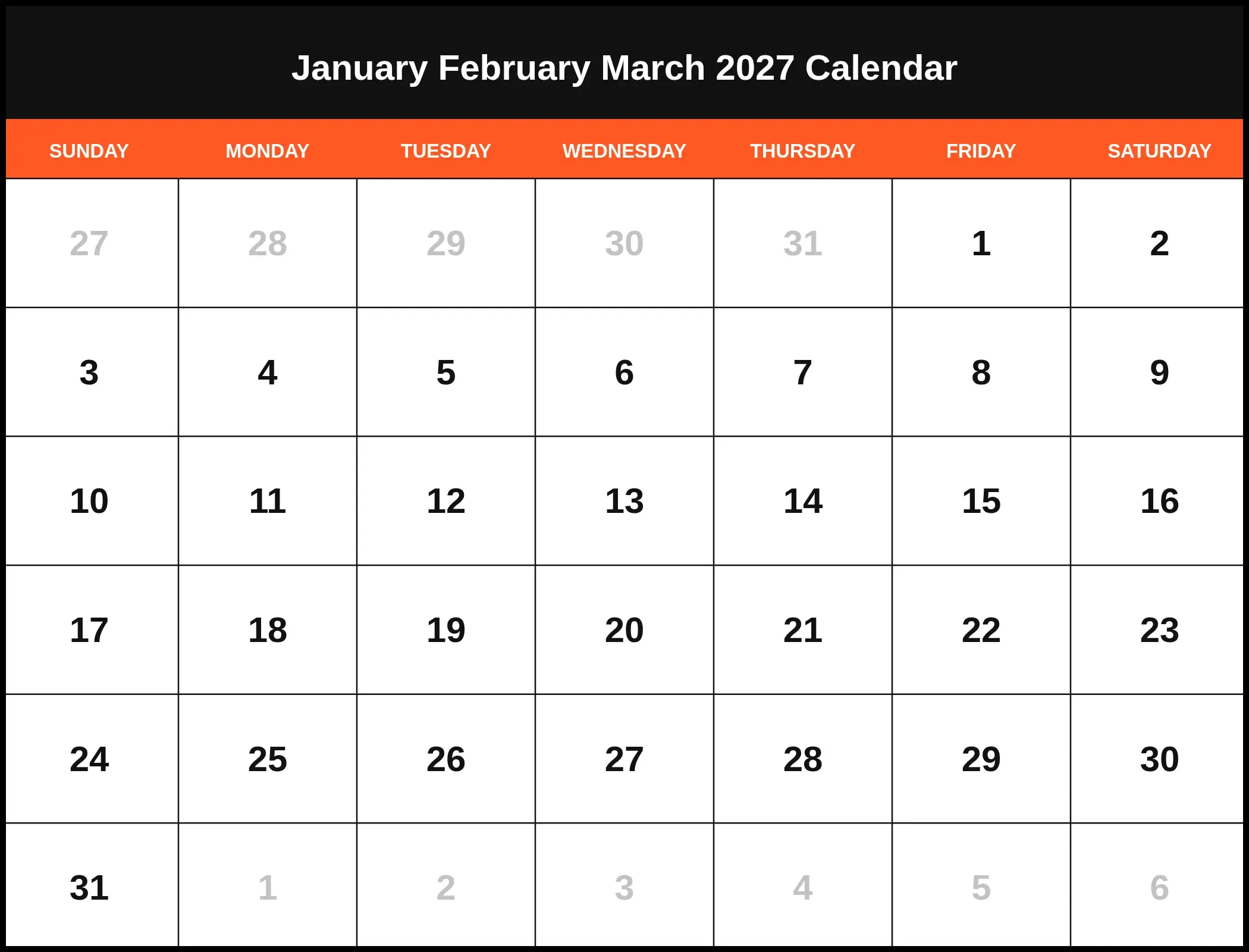January February March 2027 Calendar