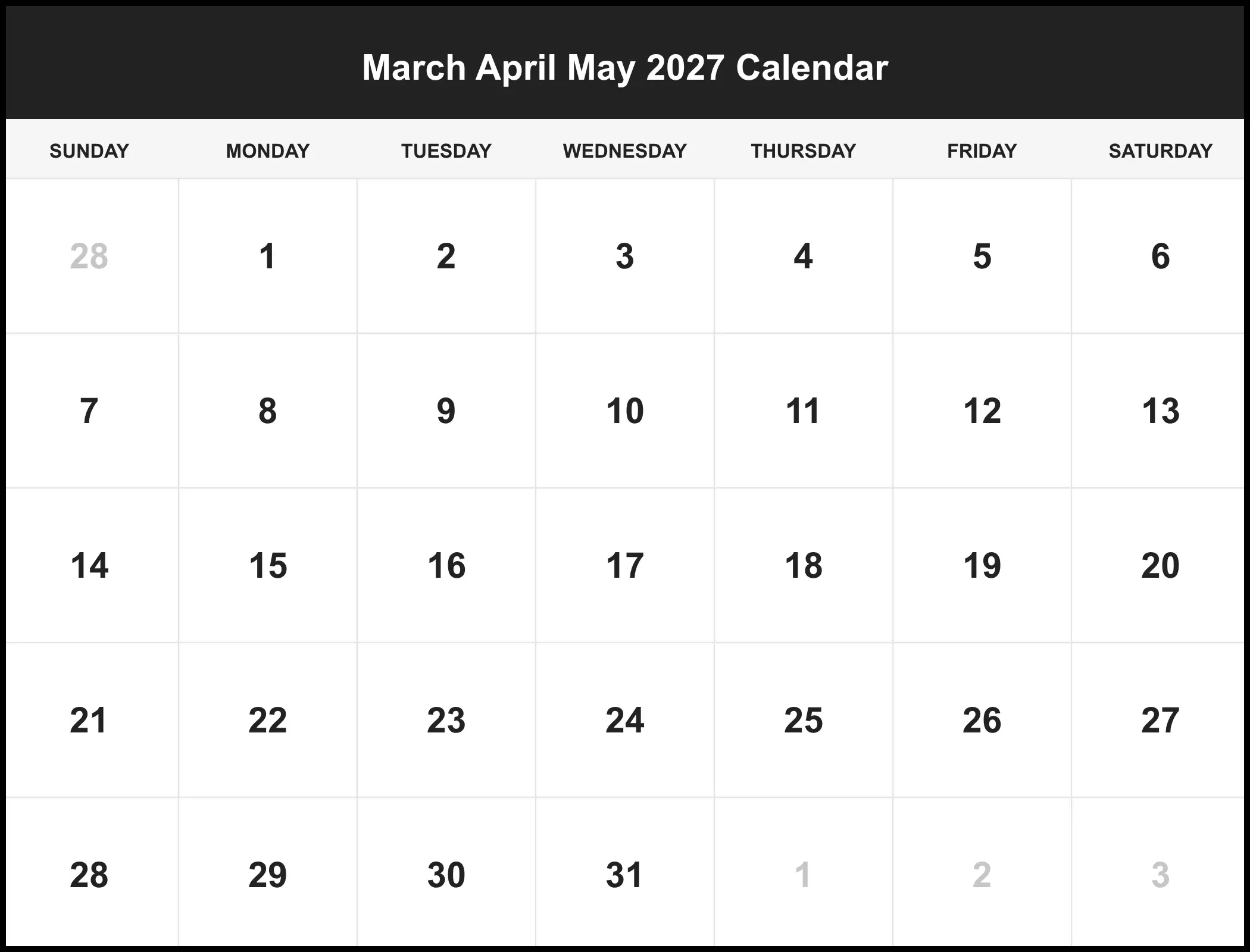 March April May 2027 Calendar March April May 2027 Calendar