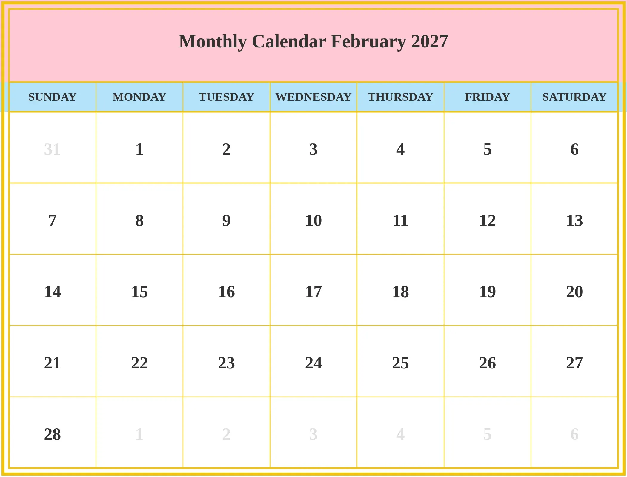 Monthly Calendar February 2027 Download Landscape Monthly Calendar February 2027 Download Landscape