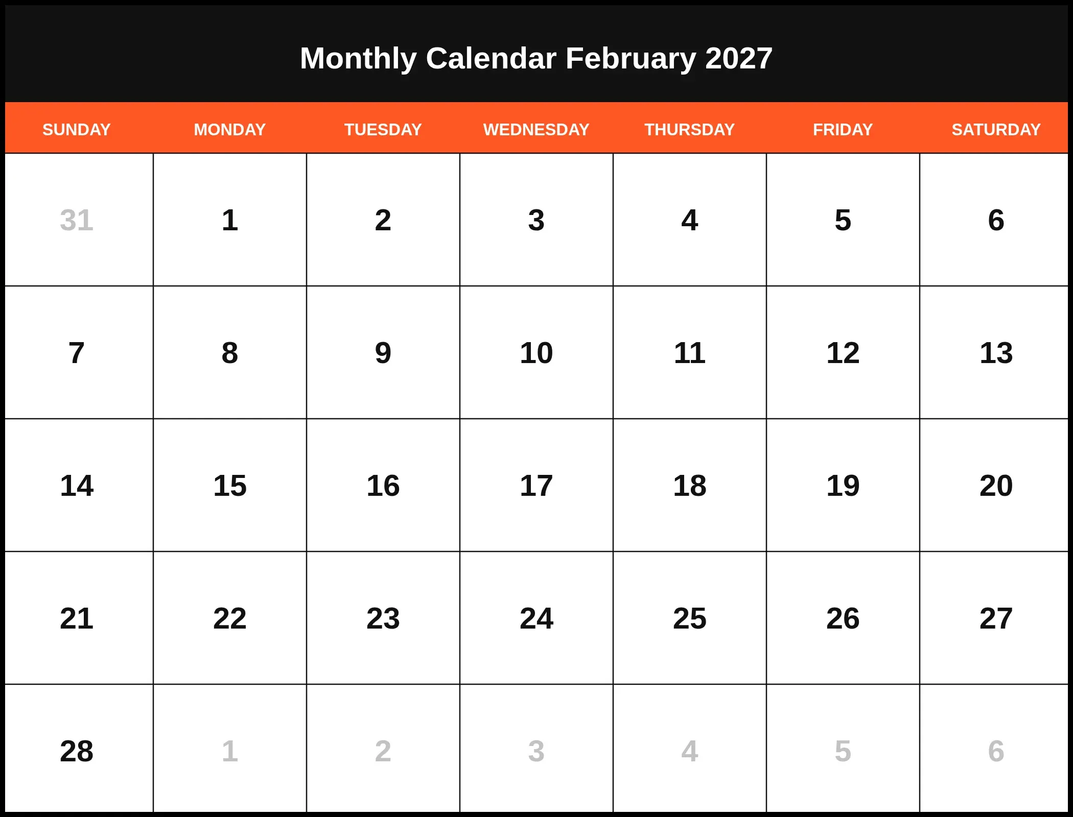 Monthly Calendar February 2027 Pdf