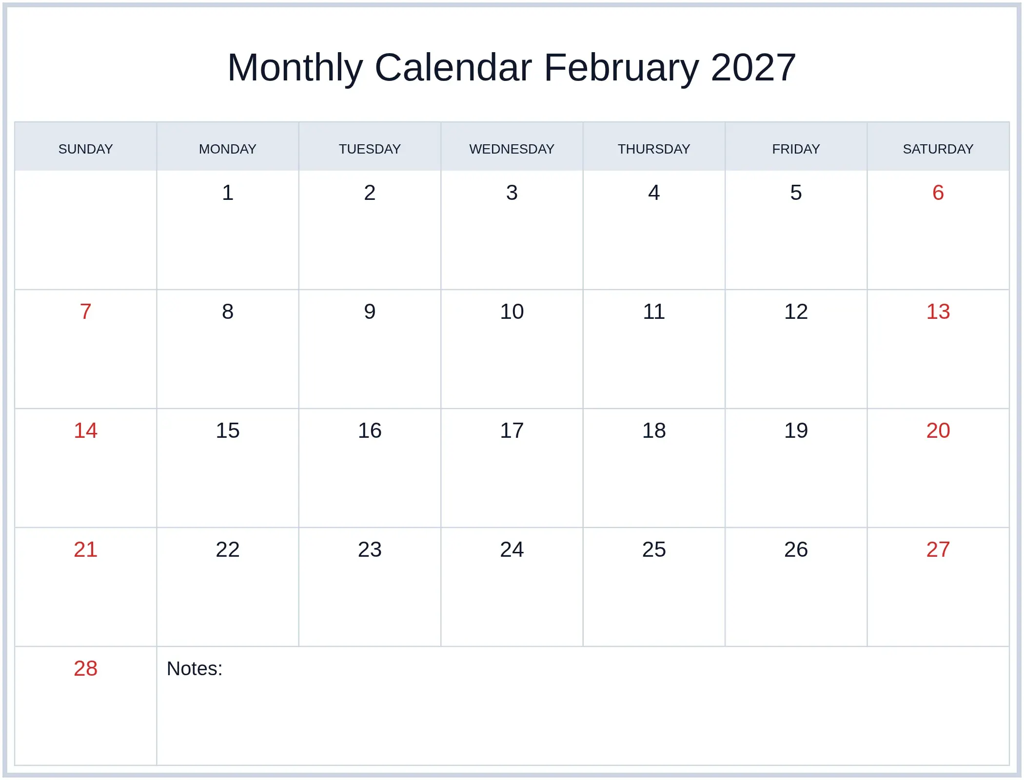 Monthly Calendar February 2027 with Notes Bottom Landscape
