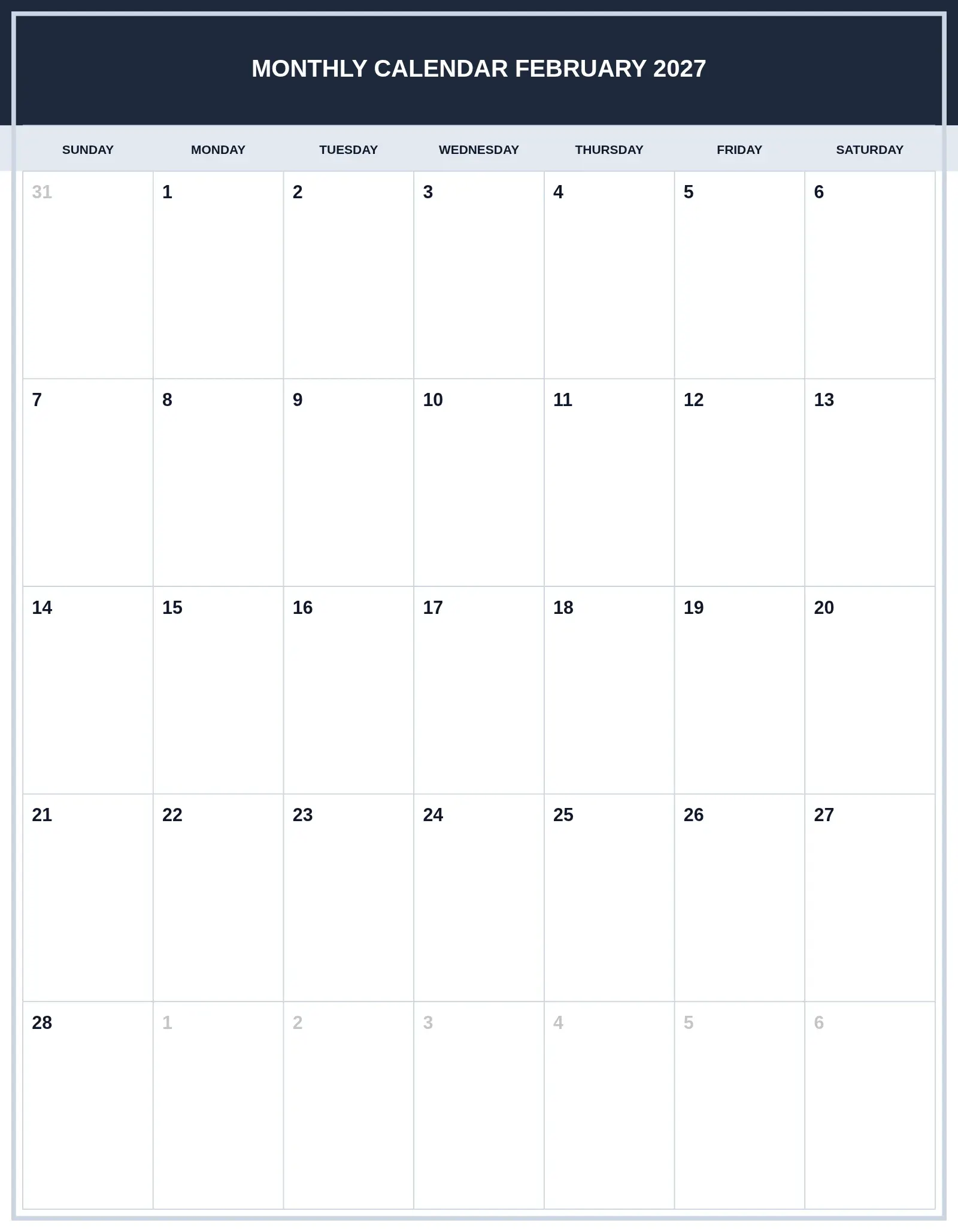 Monthly Calendar February 2027 With Portrait Template