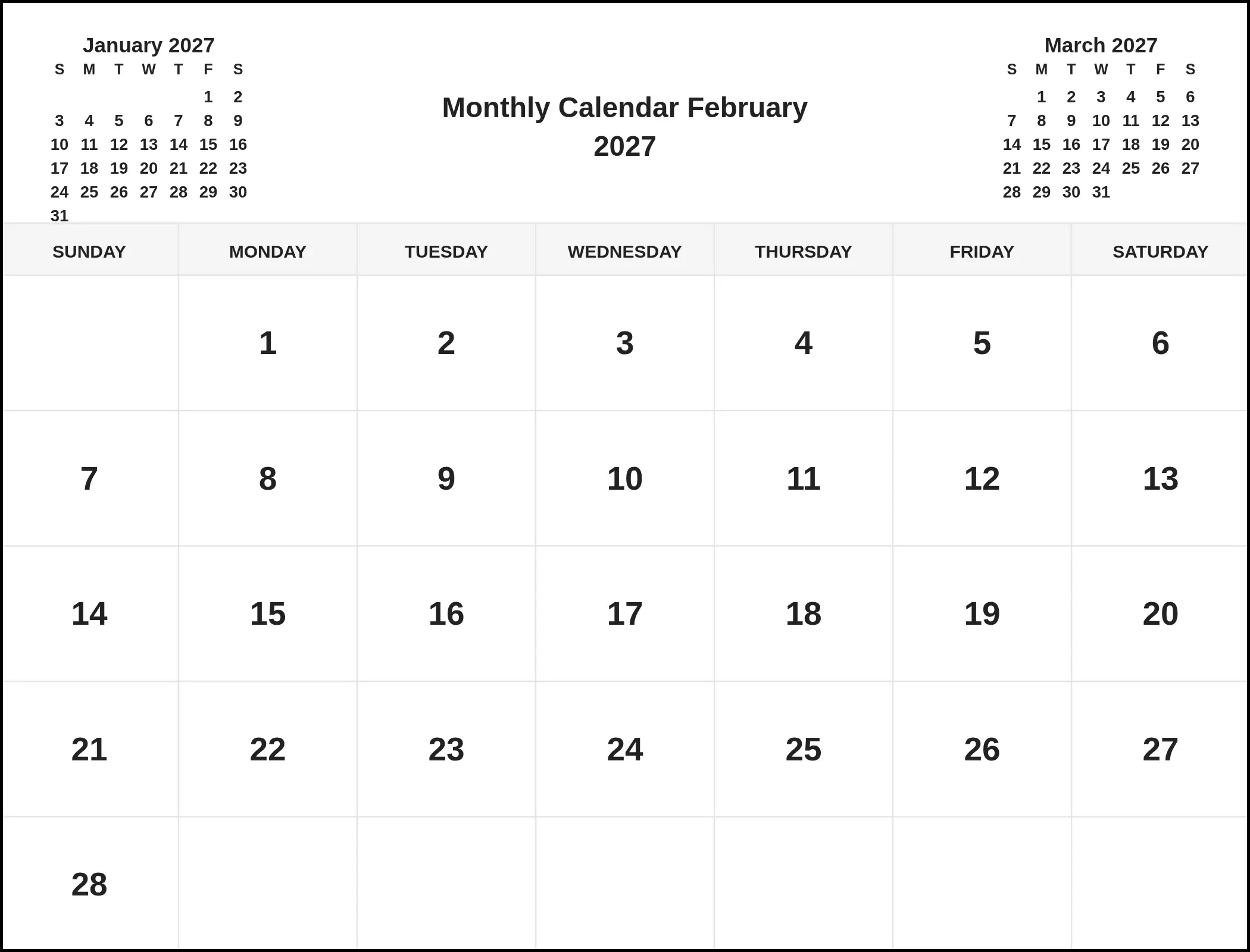 Monthly Calendar February 2027 With Three Month View Monthly Calendar February 2027 With Three Month View