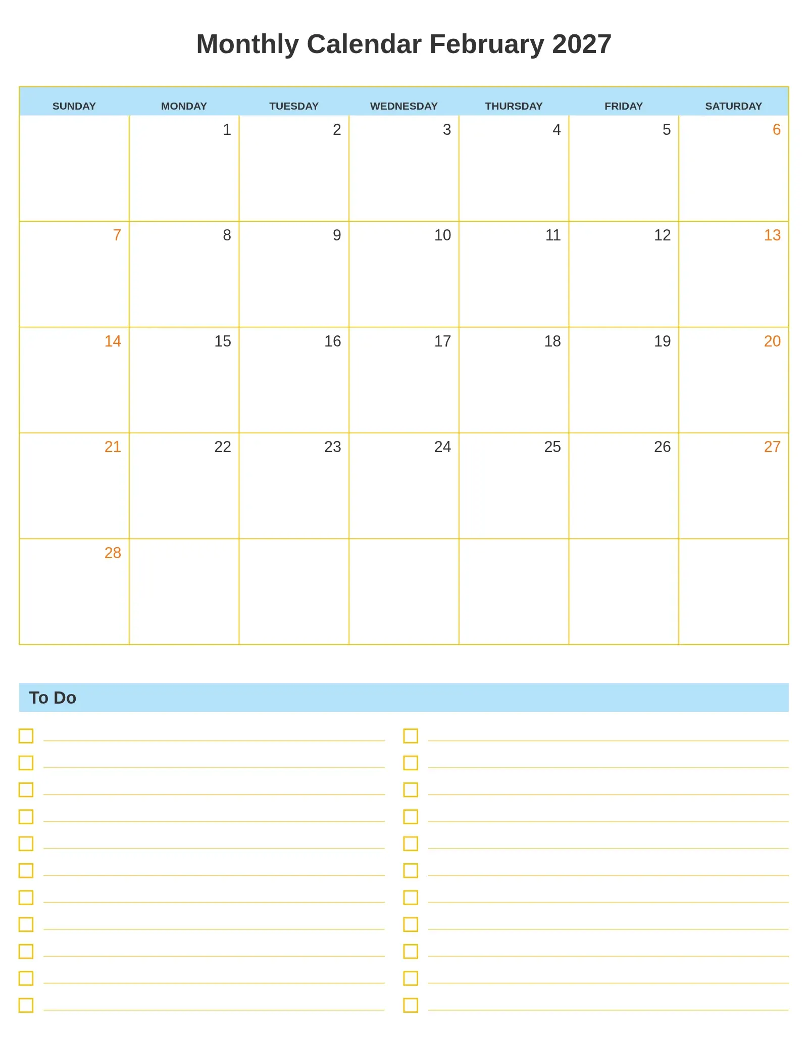 Monthly Calendar February 2027 With To Do List Bottom Portrait
