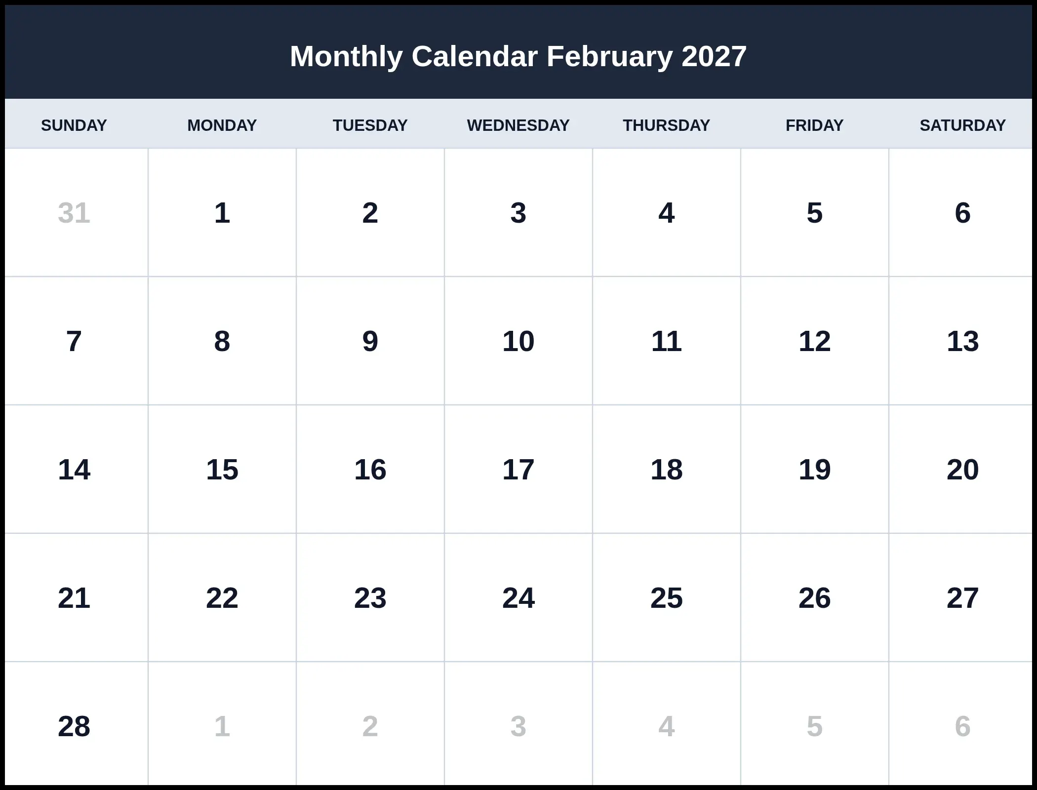 Monthly Calendar February 2027