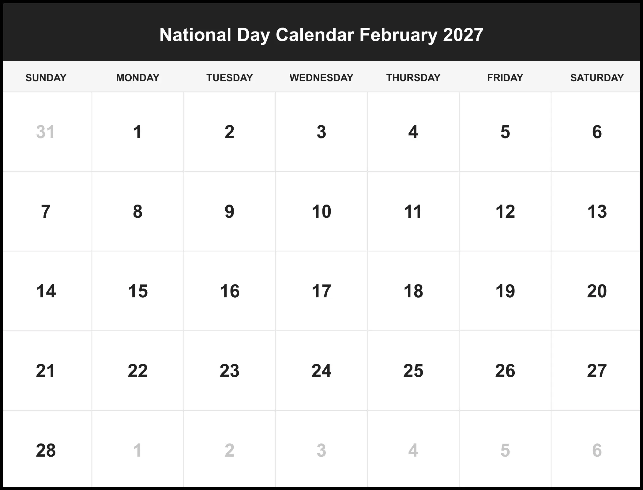 National Day Calendar February 2027