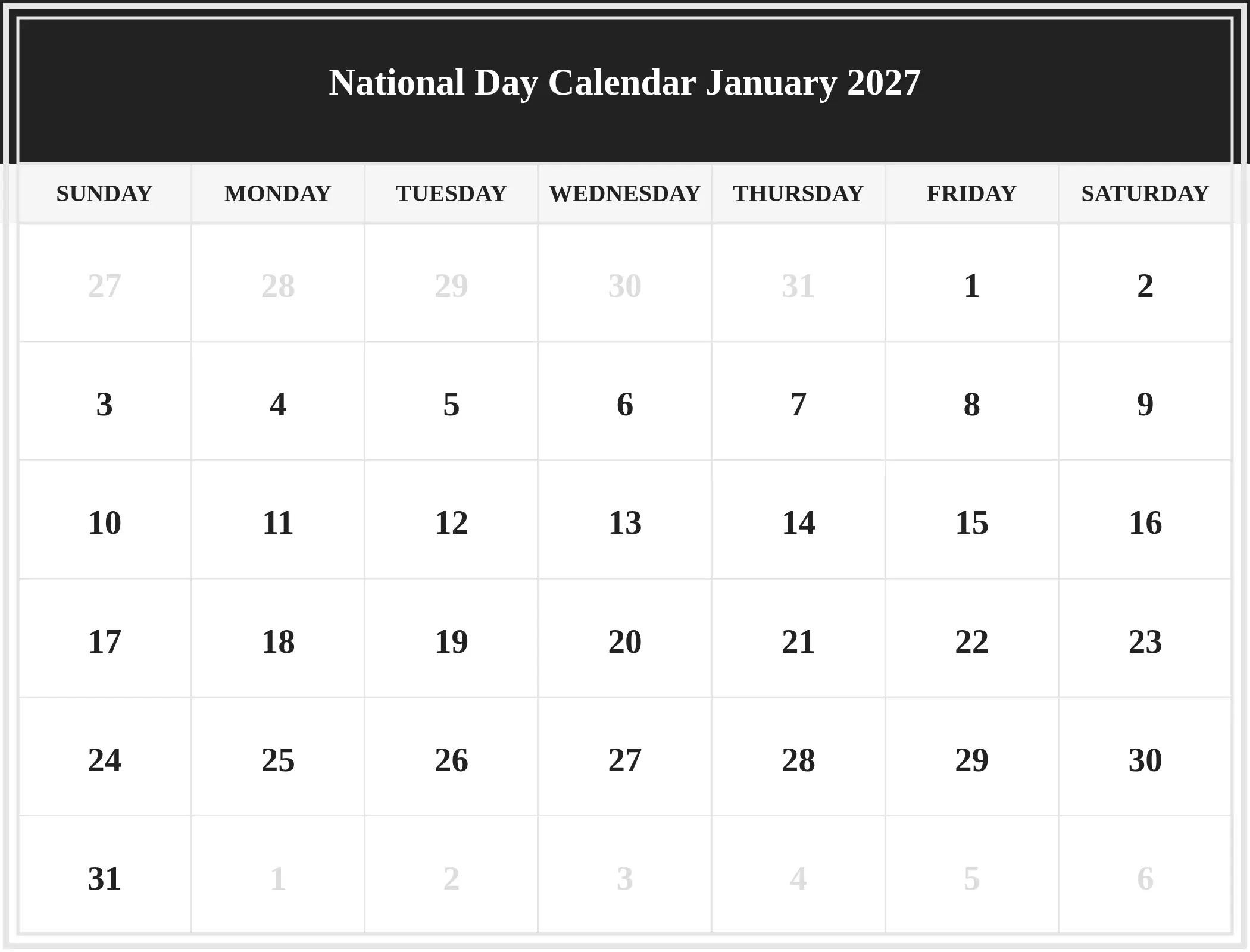 National Day Calendar January 2027 Download Landscape