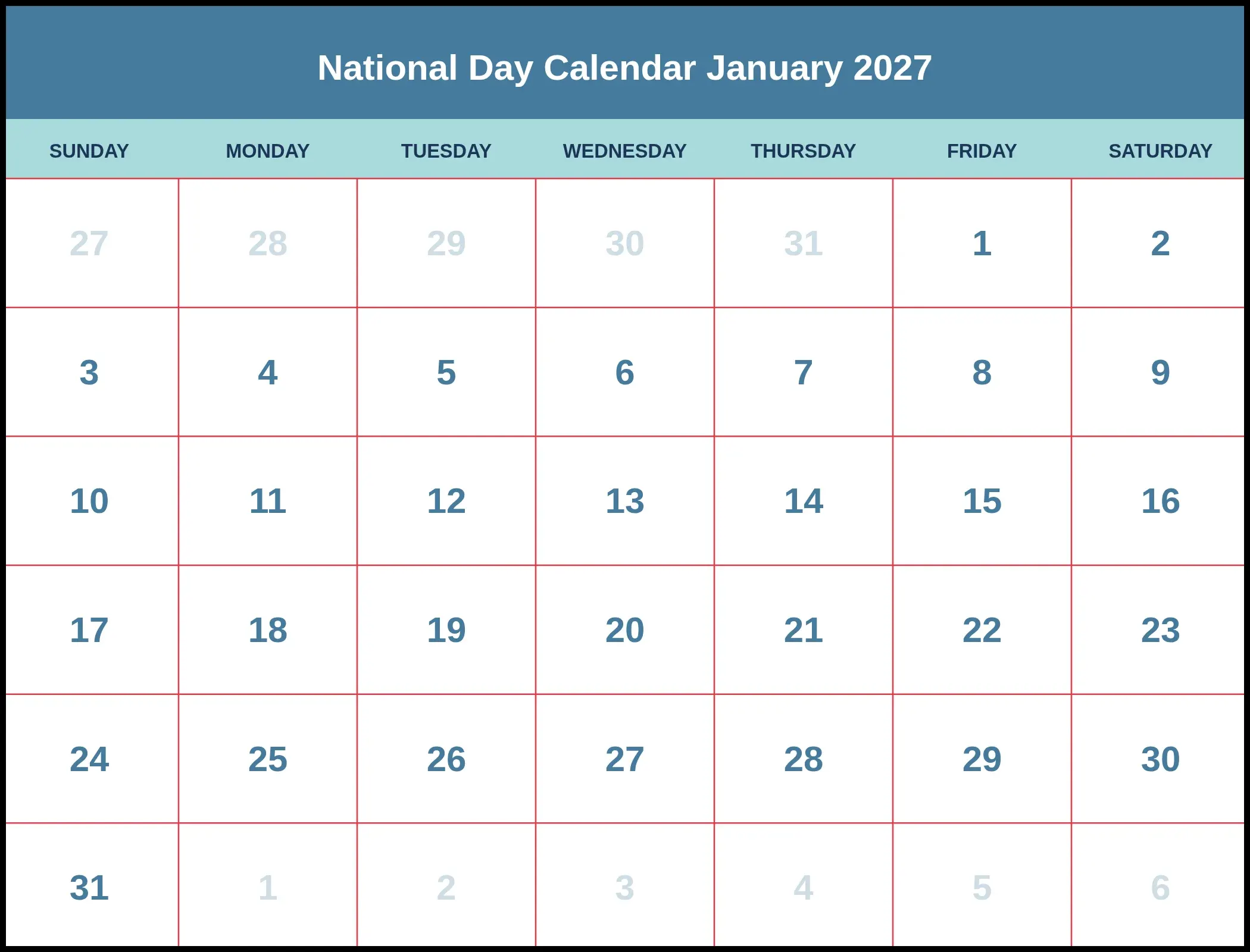 National Day Calendar January 2027 Pdf