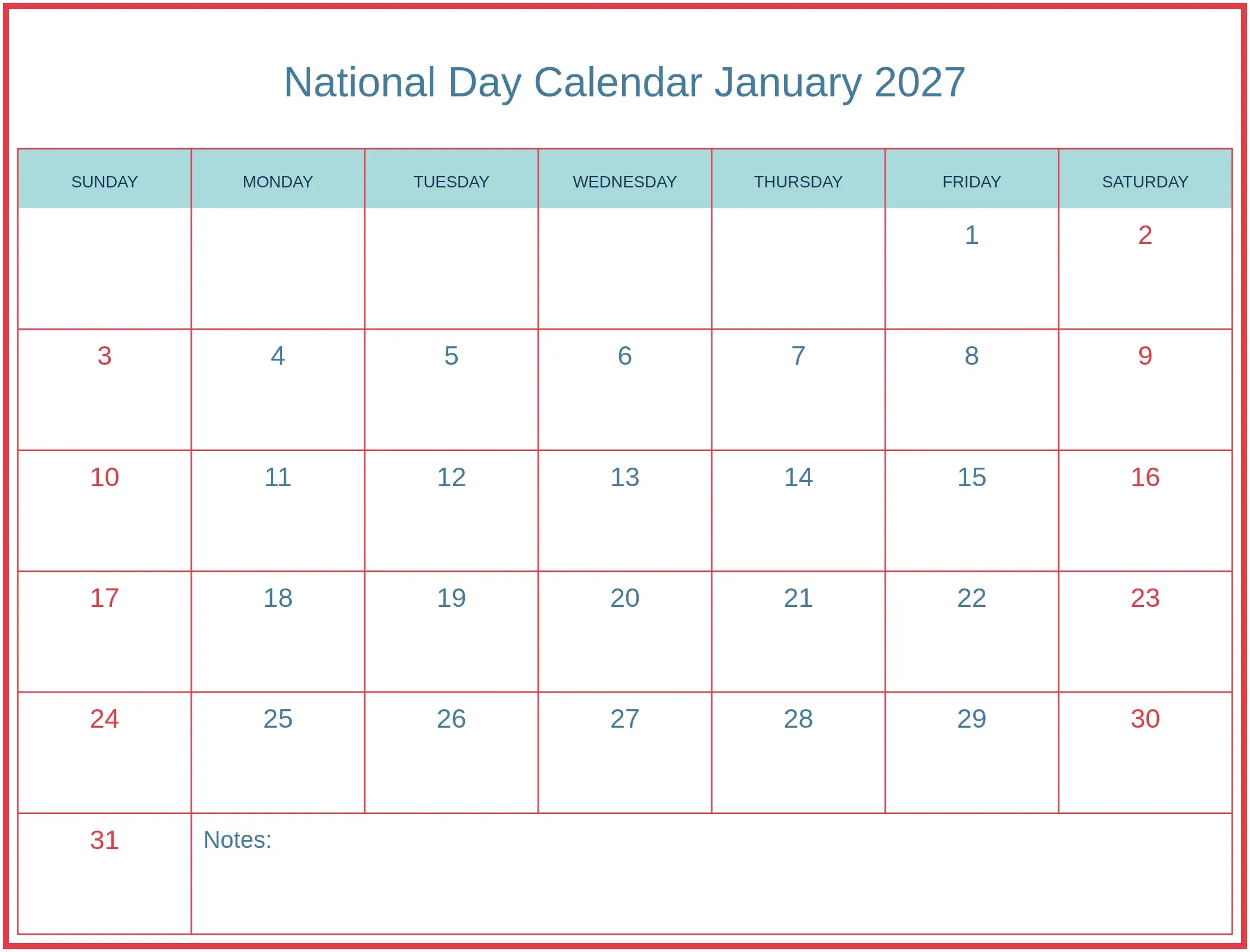 National Day Calendar January 2027 with Notes Bottom Landscape