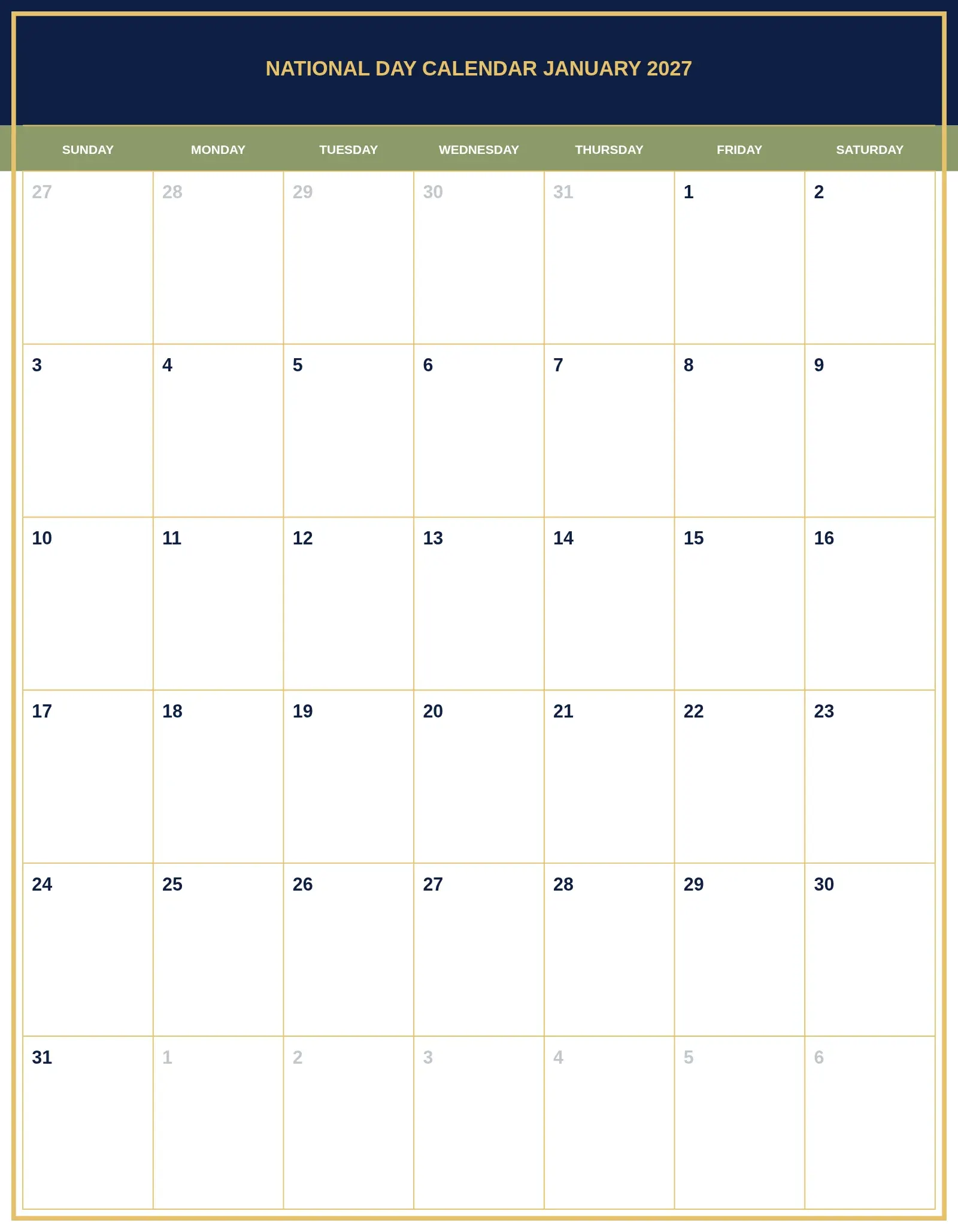 National Day Calendar January 2027 With Portrait Template National Day Calendar January 2027 With Portrait Template