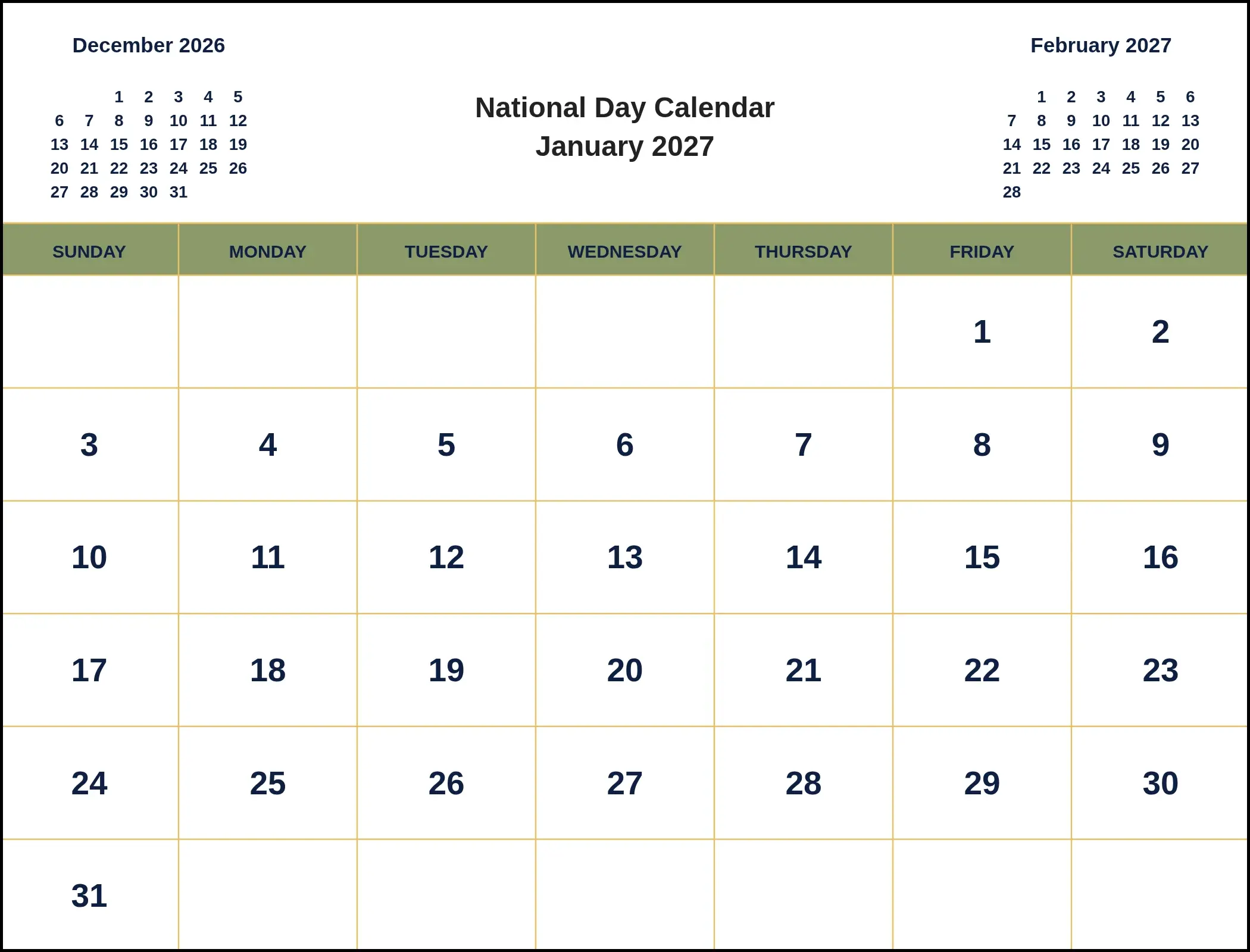 National Day Calendar January 2027 With Three Month View National Day Calendar January 2027 With Three Month View