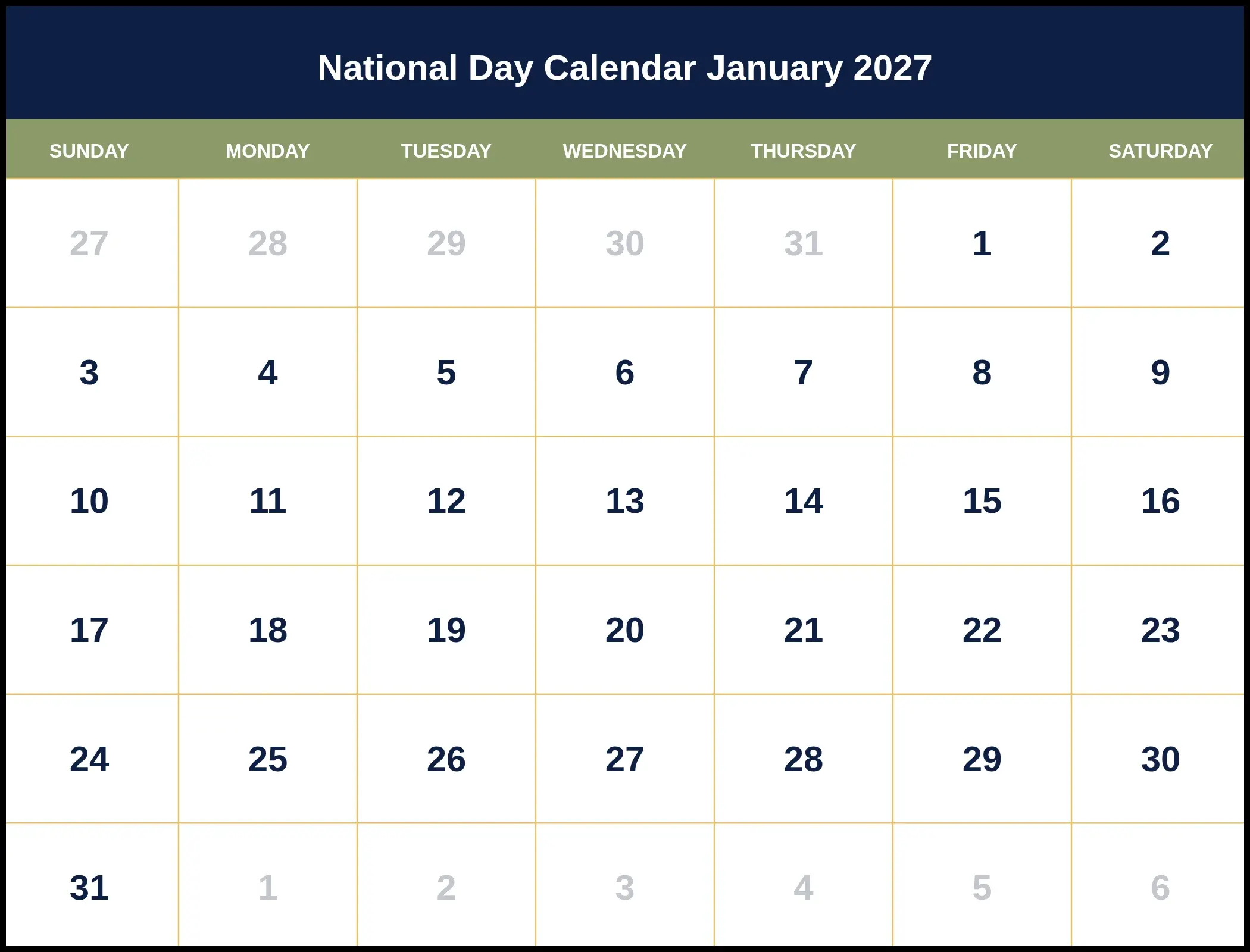 National Day Calendar January 2027