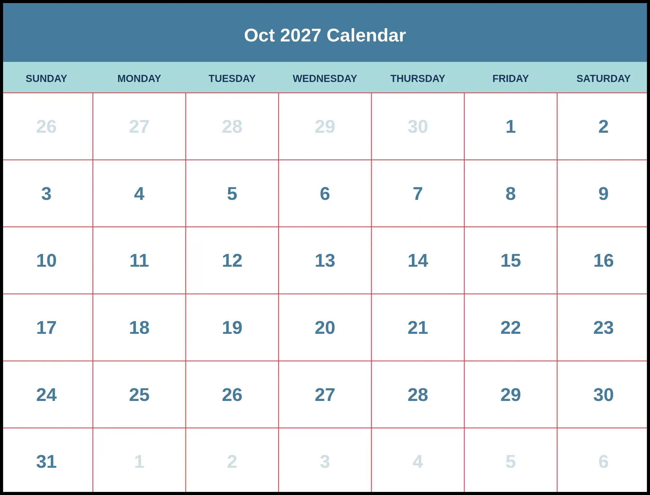 Oct 2027 Calendar