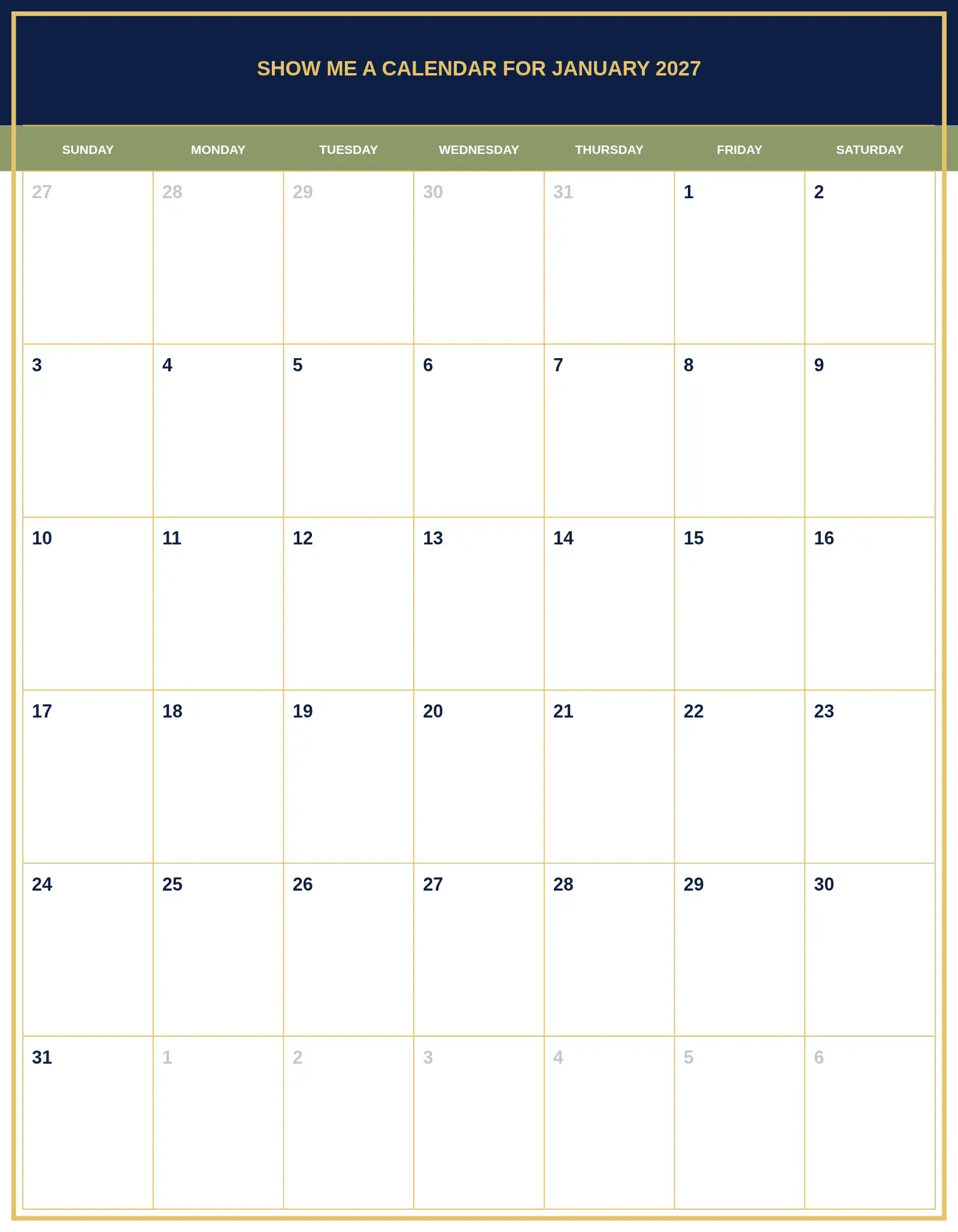 Show Me A Calendar For January 2027 With Portrait Template