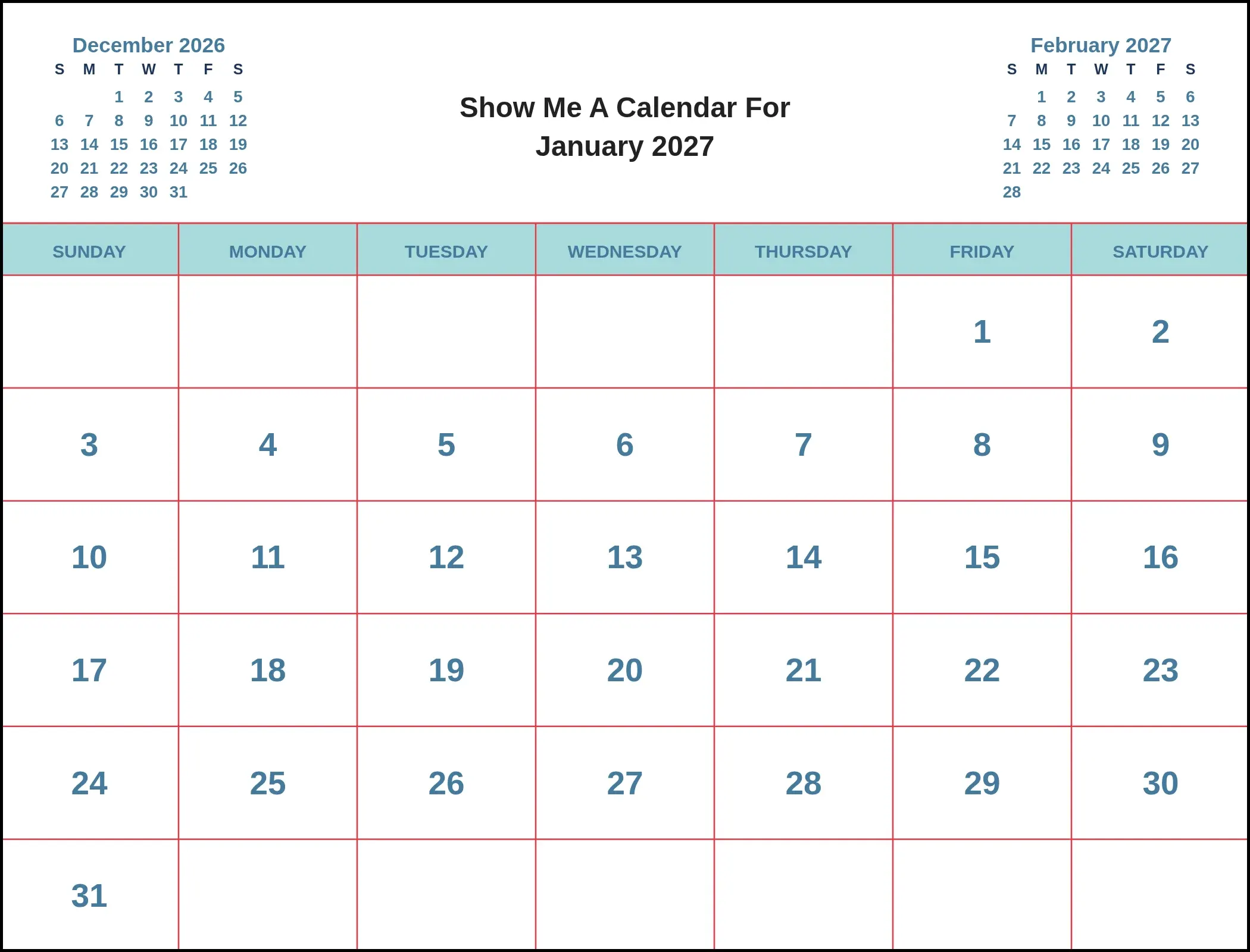 Show Me A Calendar For January 2027 With Three Month View