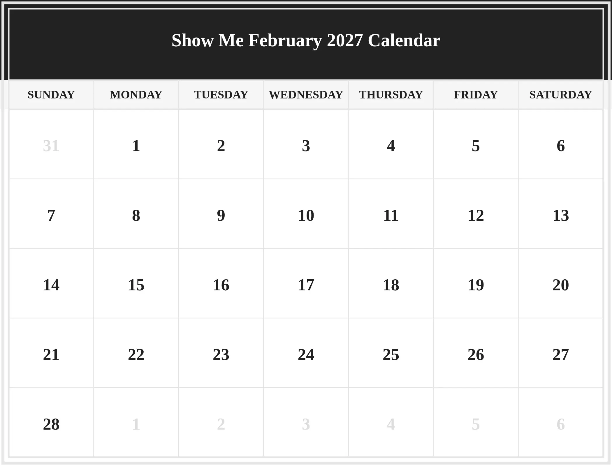 Show Me February 2027 Calendar Download Landscape Show Me February 2027 Calendar Download Landscape
