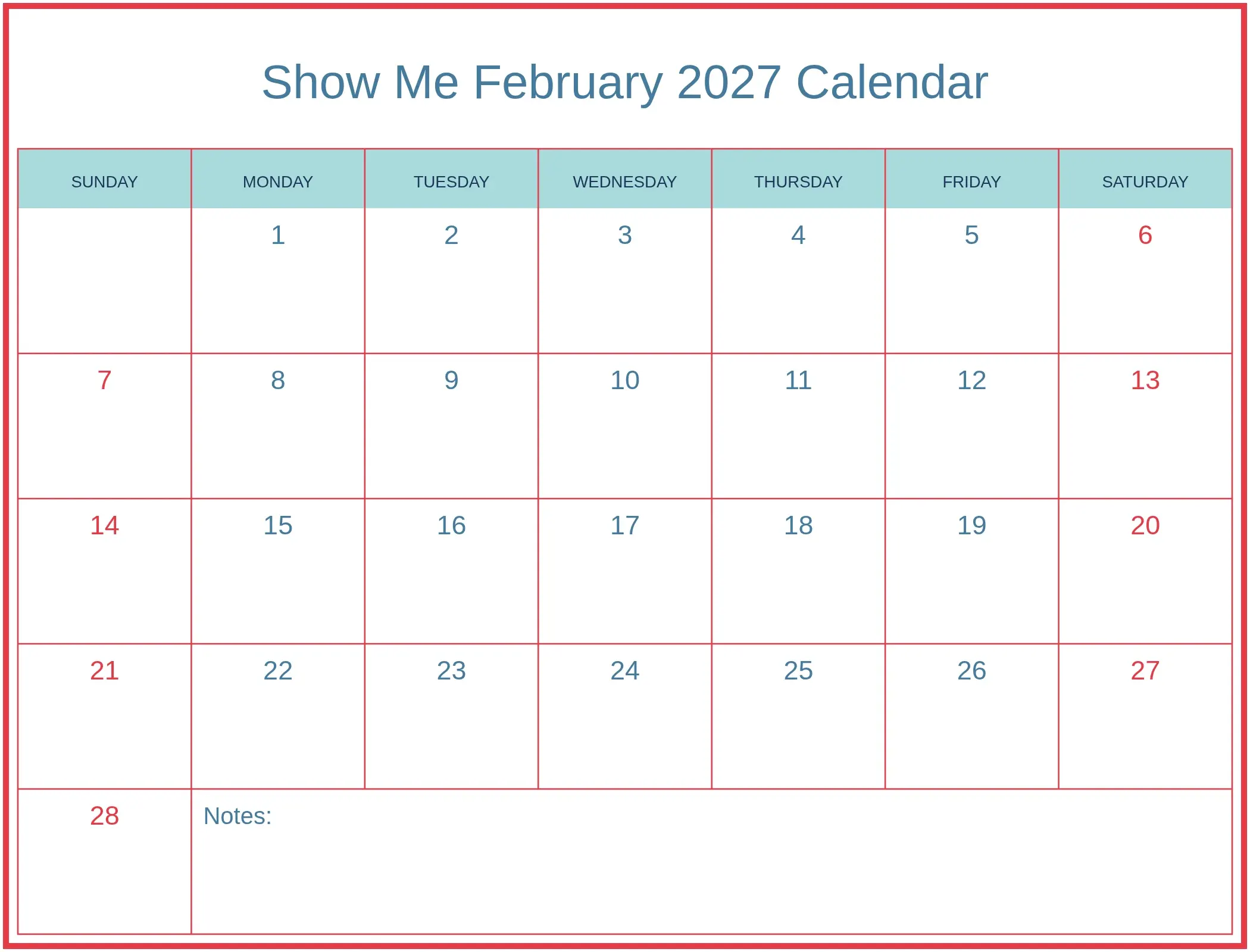 Show Me February 2027 Calendar with Notes Bottom Landscape