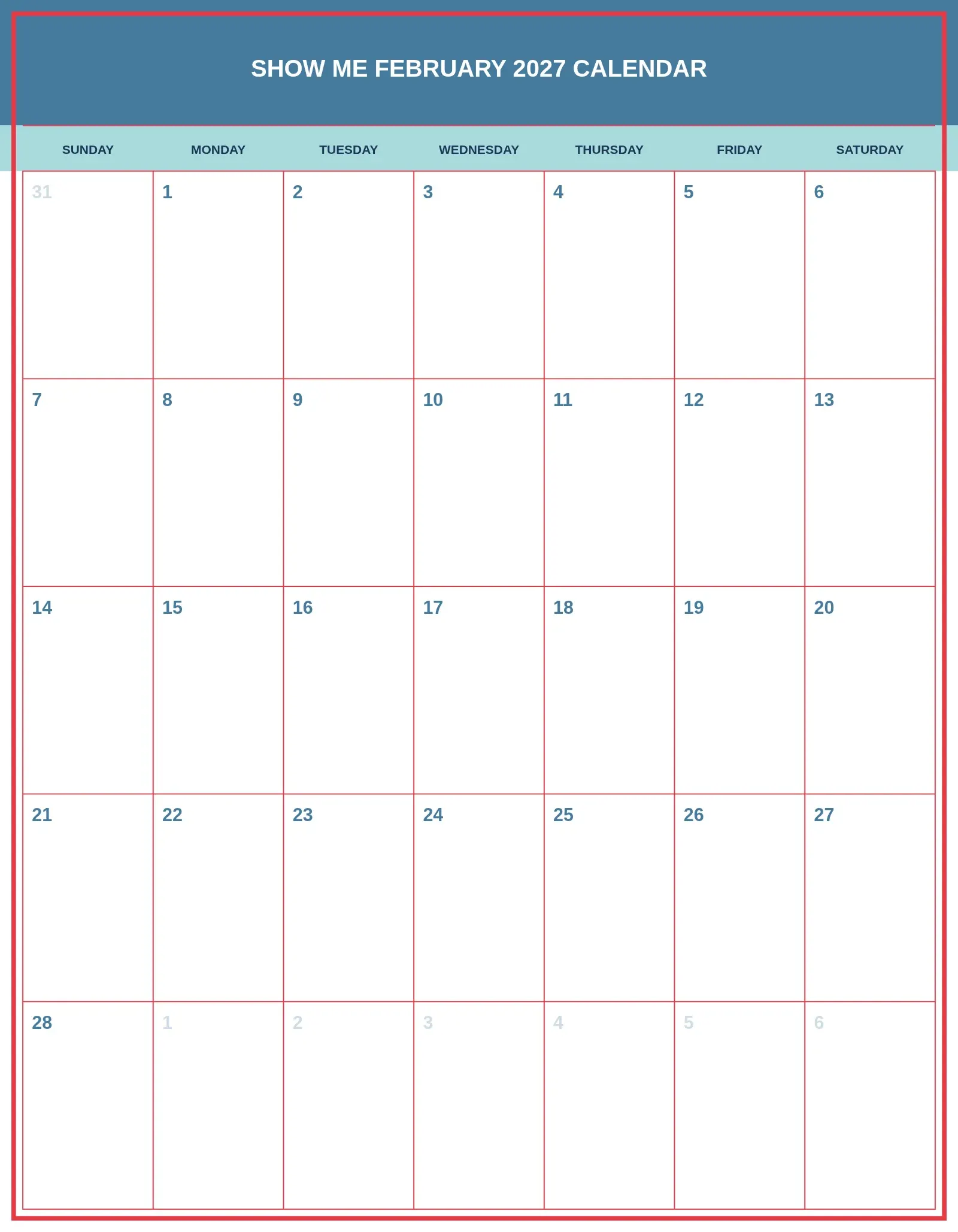 Show Me February 2027 Calendar With Portrait Template