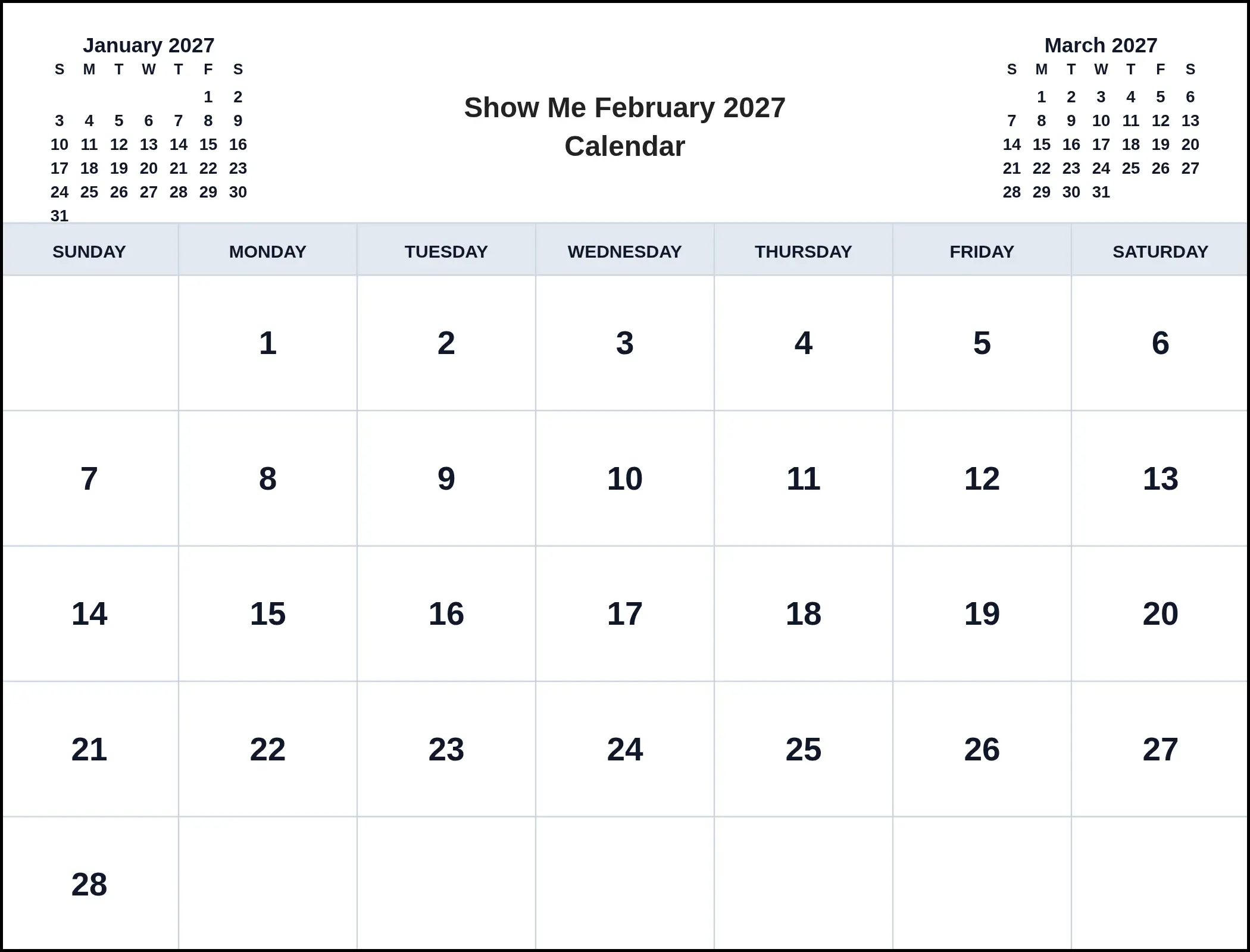 Show Me February 2027 Calendar With Three Month View
