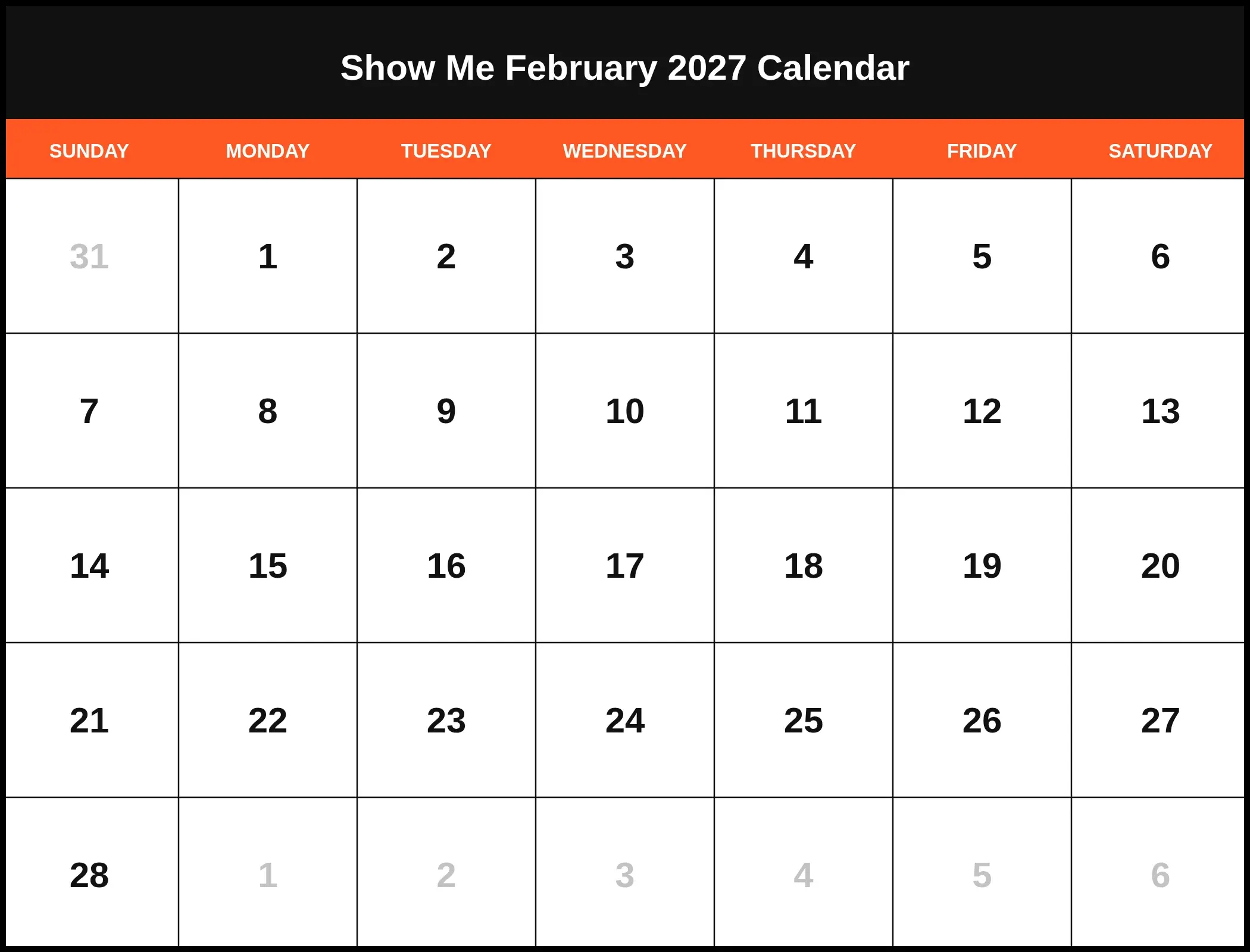 Show Me February 2027 Calendar