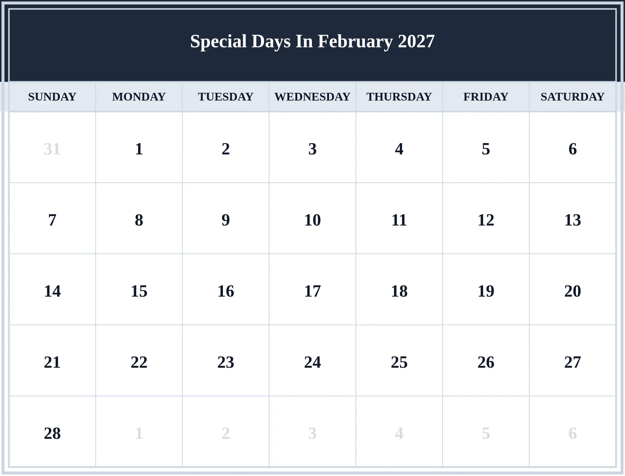 Special Days In February 2027 Download Landscape