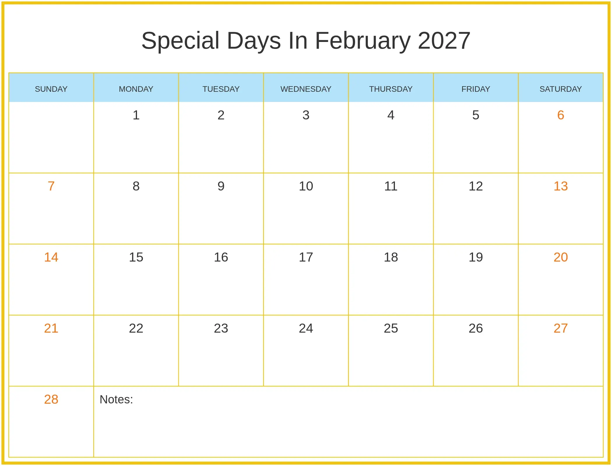 Special Days In February 2027 with Notes Bottom Landscape