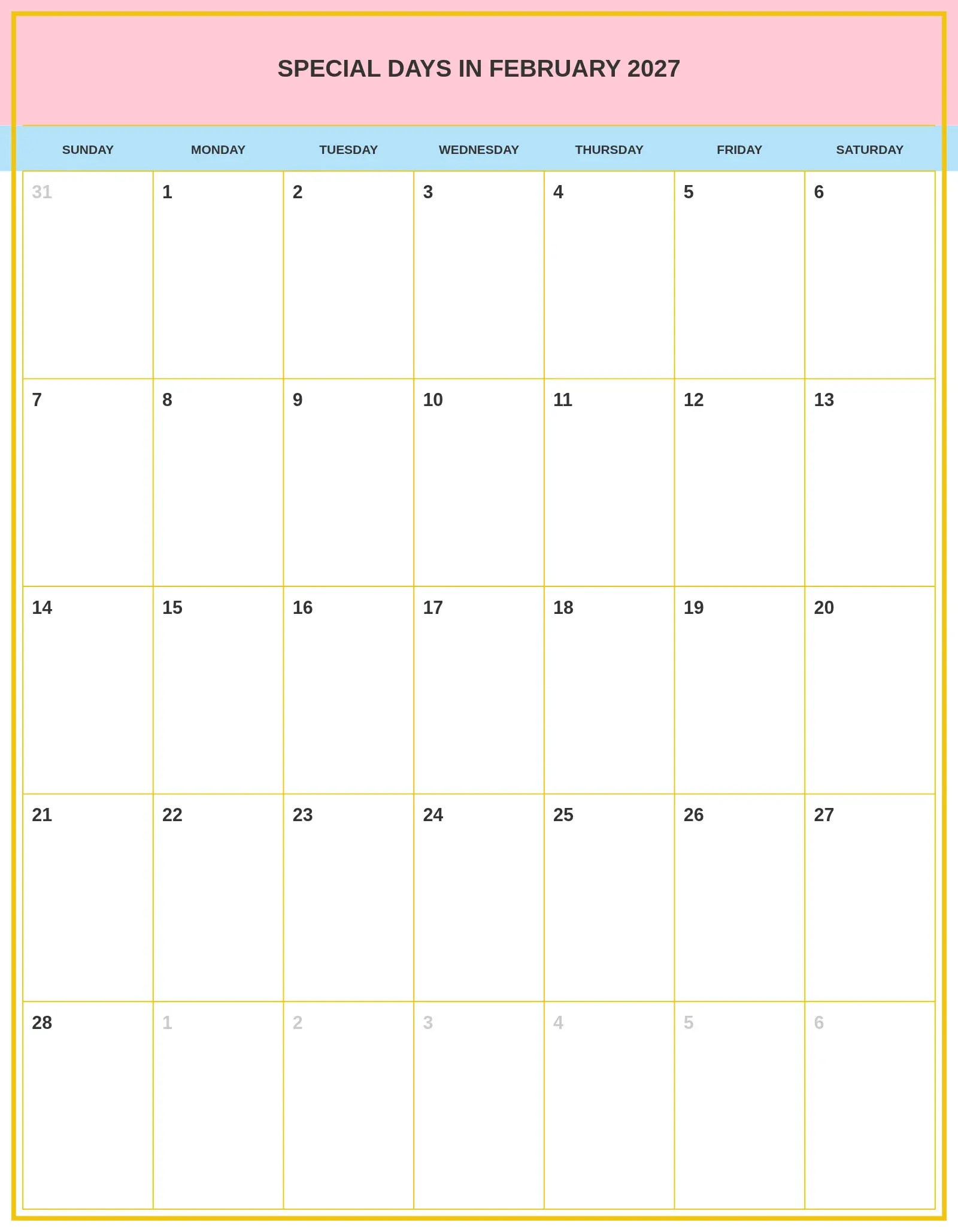 Special Days In February 2027 With Portrait Template Special Days In February 2027 With Portrait Template
