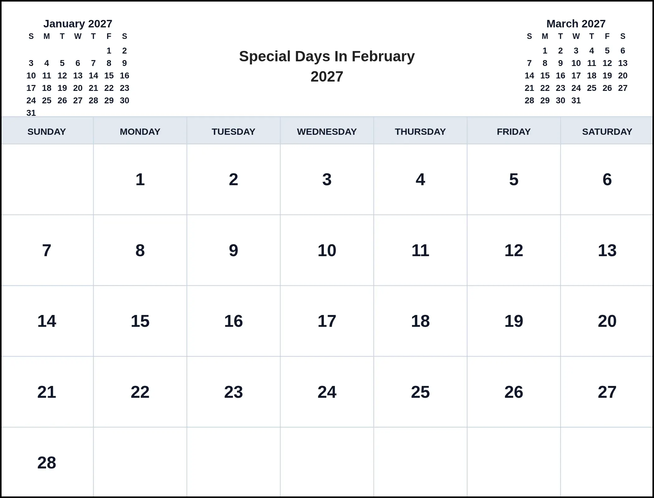 Special Days In February 2027 With Three Month View Special Days In February 2027 With Three Month View