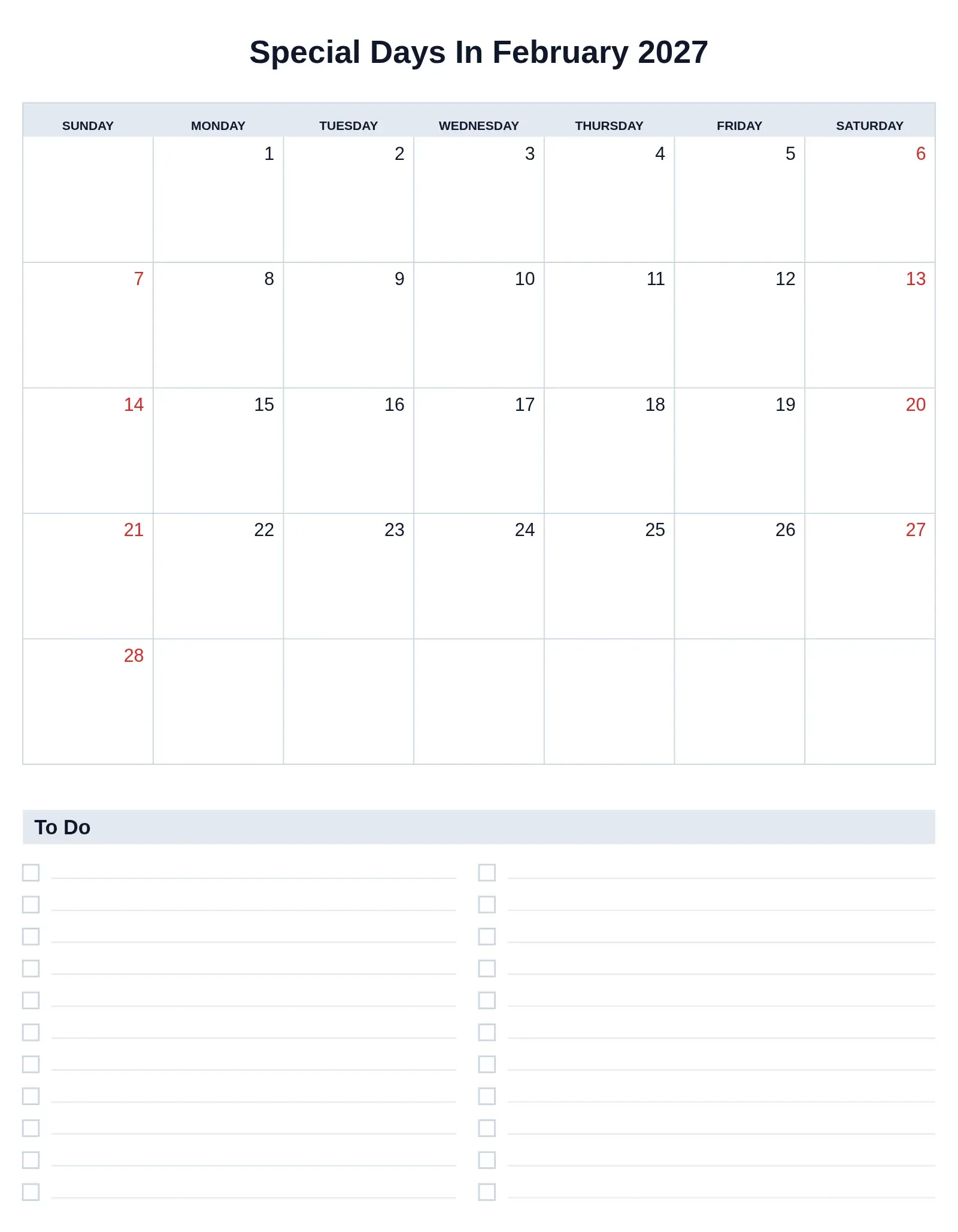 Special Days In February 2027 With To Do List Bottom Portrait