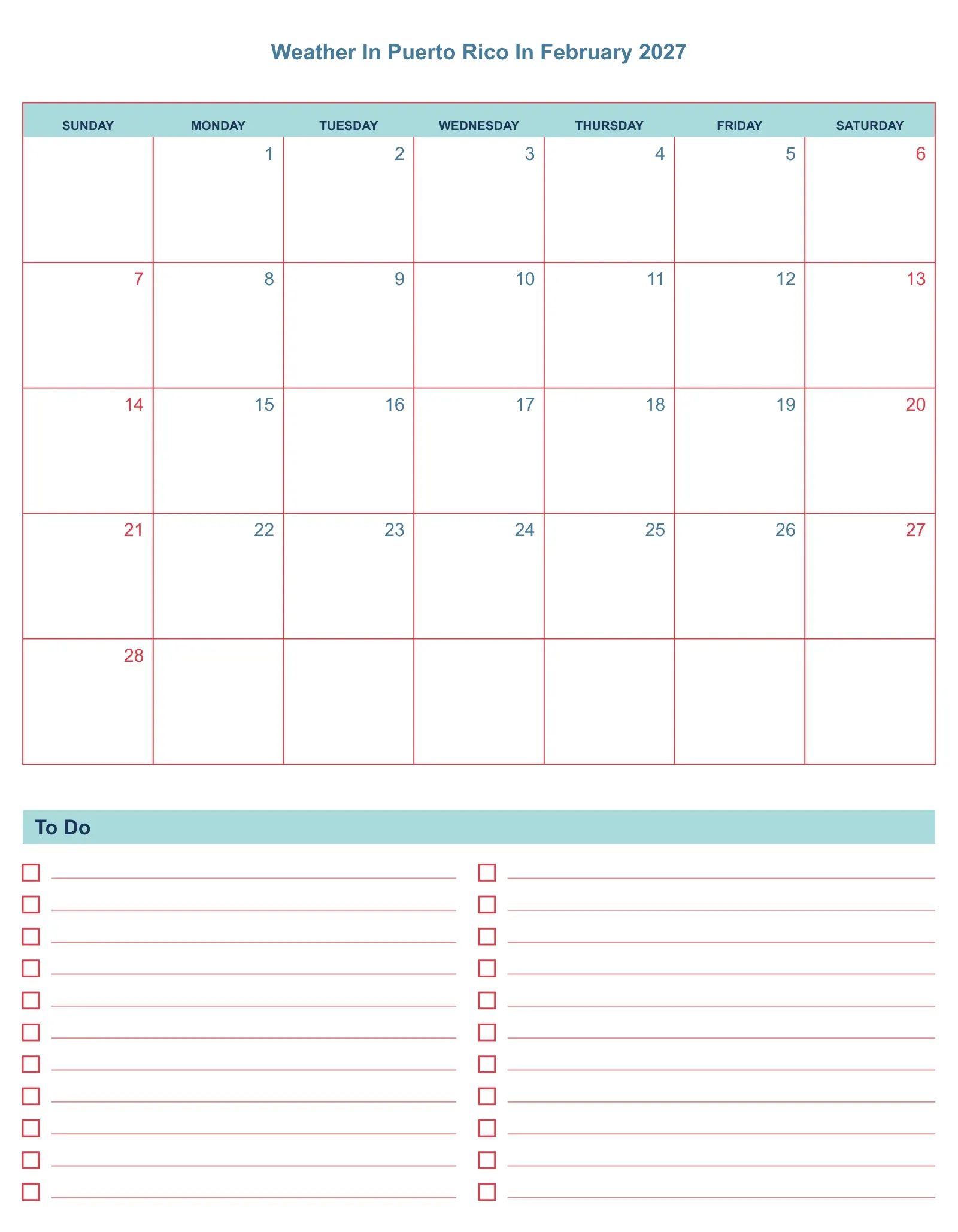 Weather In Puerto Rico In February 2027 With To Do List Bottom Portrait